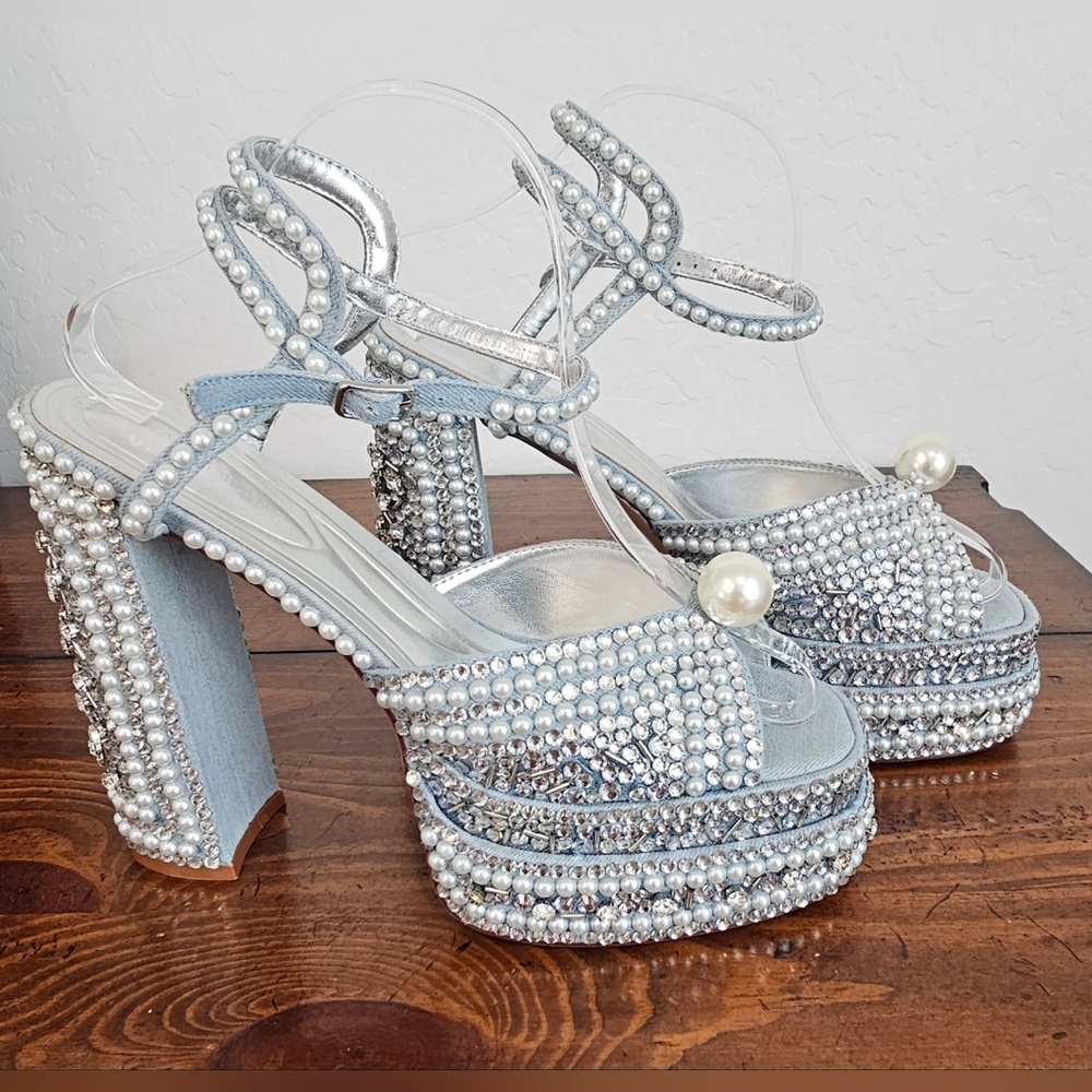 Elegant Blue & Silver Pearl/Rhinestone-Embellished Heels Bridal/Formal Sz 10 - Picture 4 of 8